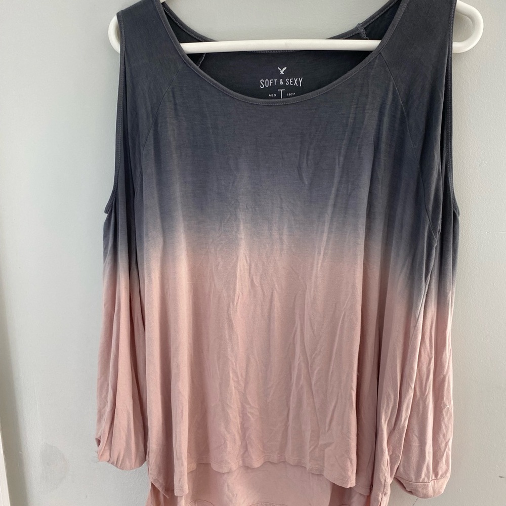 American Eagle Soft and Sexy Long Sleeve Pink/Grey Shirt. Size- L